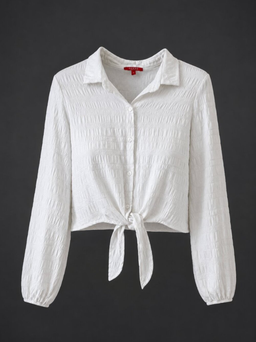 🦋 2/30 Guess White Textured Tie Front Cropped Button Up Top Size L